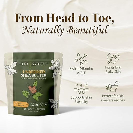 era of nature Organic Unrefined Raw African Ivory White Shea Butter 32oz - Moisturizing Raw Shea Butter Bar for Skin & Hair, DIY Lip Balm Base, Cream, Soap & Lotion Making Supplies Kit, Skincare