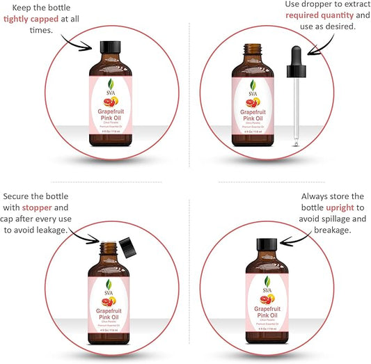 SVA Grapefruit Essential Oil Pink – 4 Fl Oz – 100% Natural Grapefruit Oil - for Diffuser, Hair Care, Face, Skin Care, Aromatherapy, Scalp and Body Massage, Soap and Candle Making - with Dropper