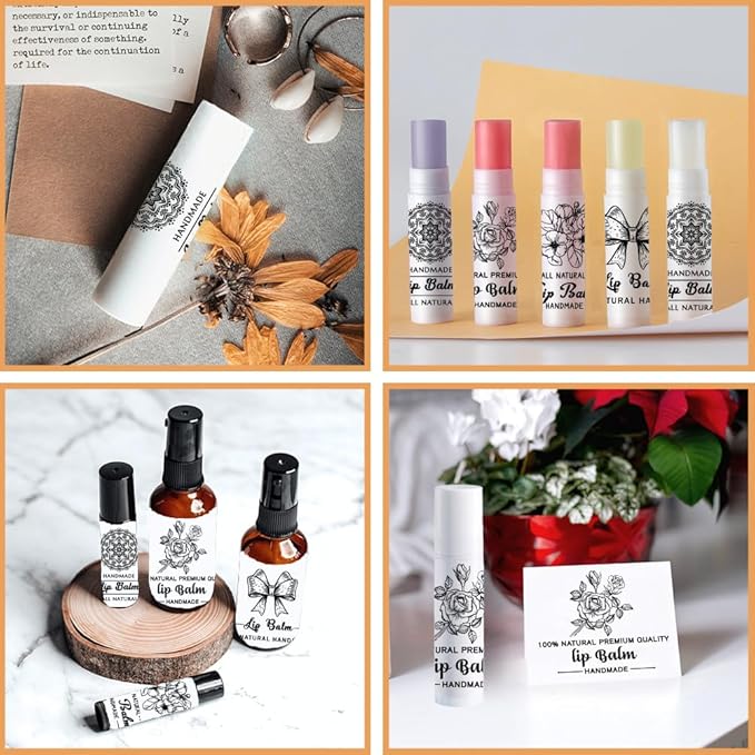 OLYCRAFT 100Pcs Self-Adhesive Lip Balm Tag Stickers 1.7x2.1 inch Adhesive Label with 4 Styles Patterns Rectangle Lipstick Tag Sticker for Lip Balm Container Tubes Lipstick Wrapping Decoration