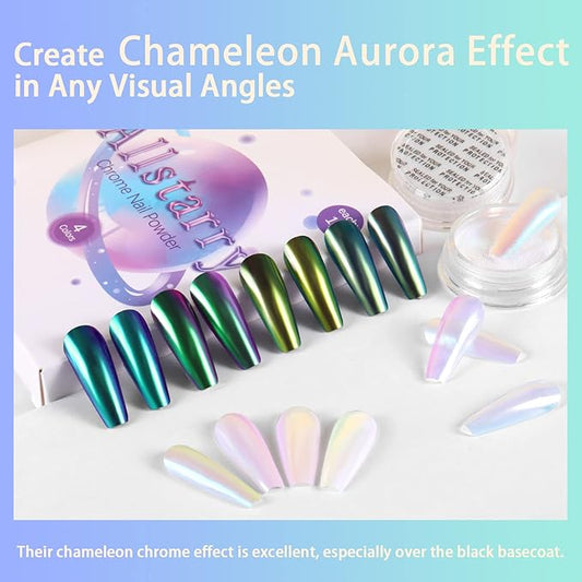 Allstarry White Chrome Nail Powder, 4 PCS Color-Shift Chameleon Mica Powder Aurora Chrome Effect Glitter Dust Iridescent Pearlescent Pearl Pigment for Gel Polish Nail Art Decoration, Resin Craft