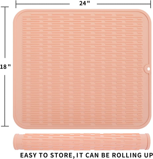 Silicone Dish Drying Mat for Multiple Usage,Easy clean,Eco-friendly,Heat-resistant Silicone Mat for Kitchen Counter or Sink,Refrigerator or Drawer Liner Pink 2XL 24 inches x 18 inches