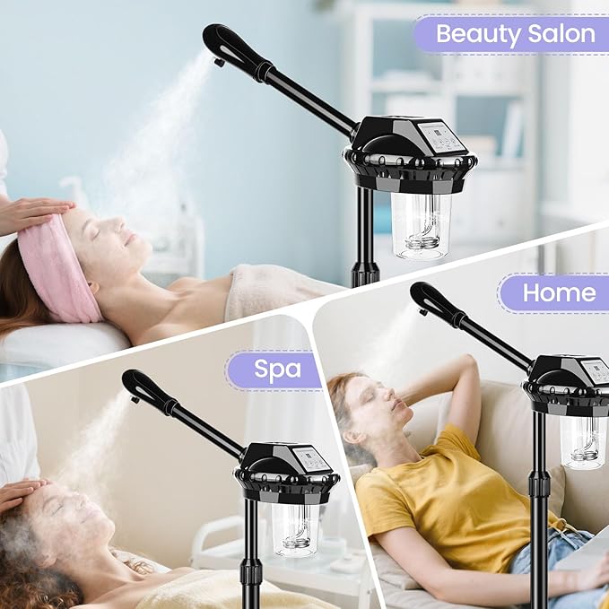 Professional Facial Steamer, Facial Steamer on Wheels, Face Steamer with Time Setting, Stand Face Steamer Adjustable Height for Spa, Salon and at Home use