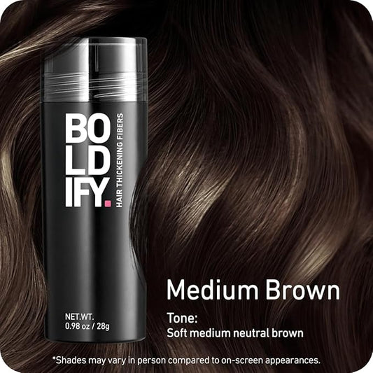 BOLDIFY Hair Fibers (28g) - Fill In Thinning and Fine Hair for an Instantly Fuller, Thicker Look - 14 Shades for Women & Men - Medium Brown