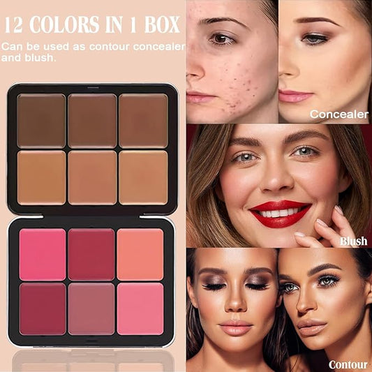 6 Colors Cream Blush Palette + 6 Colors Concealer Cream Contour Palette, Carla Secret Makeup Palette, Foundation Palette with 11 Pcs Makeup Brush Set, Long Wearing Blendable Full Coverage