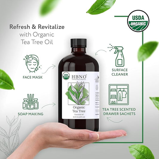 HBNO Organic Tea Tree Oil - Huge 16 oz (475ml) Large Size - Ideal for Diffusers, Cleaning Agents, Deodorizers, and Flavoring Agents.