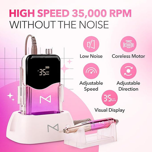 M Mase- Professional Nail Drill Machine - Coreless 2-in-1 Nail File - Electric, Cordless, 35000 RPM, HD Display - Electric Nail Drill for Professional & Home Use (Unicorn Purple)