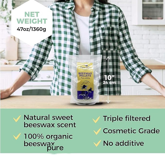 HUNNYBEE Beeswax Pellets 3LB, 100% Pure Bees Wax for DIY Candles, Skin, Body Cream, Face, and Hair Care, Lotions Deodorant, Lip Balm and Soap Making (Pure White, 3 lbs)