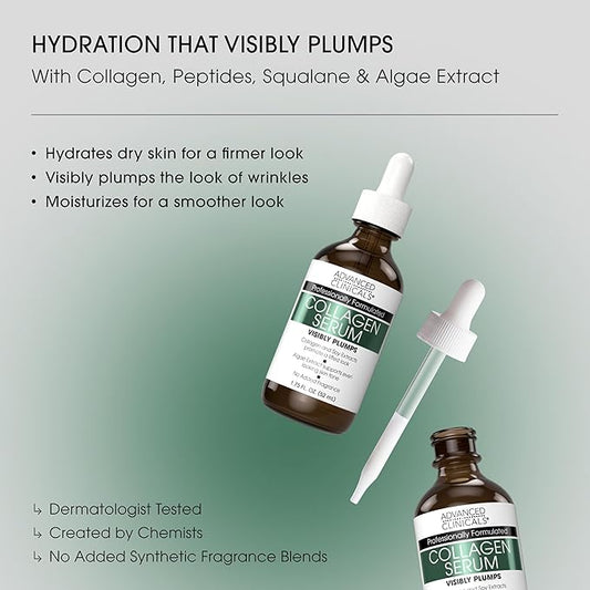 Advanced Clinicals Collagen Serum For Face | Visible Anti Aging Collagen Peptide Serum + Hyaluronic Acid Moisturizer Improves Look Of Wrinkles, Dry Skin, & Fine Lines, No added Fragrance, 2-Pack