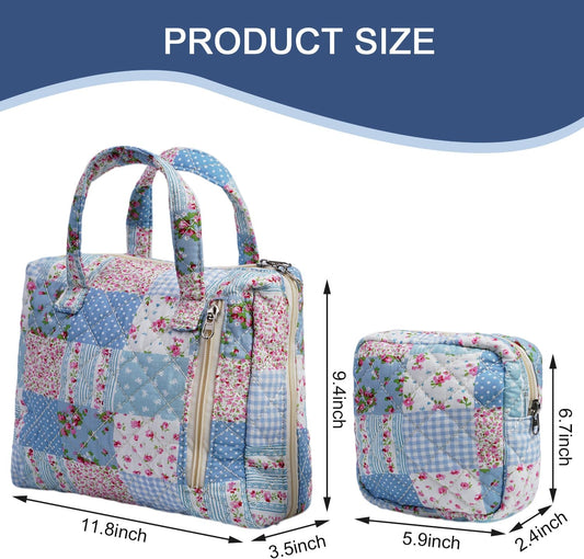 Cute Quilted Floral Makeup Bag(2Pcs),Coquette Aesthetic Cosmetic Bag,Travel Toiletry Bags, Kawaii Aesthetic pouch for Women (15-GridRose)
