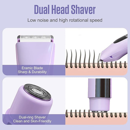 2 in 1 Bikini Trimmer for Women Dual Head Electric Shaver with LED Display,IPX7 Waterproof Wet & Dry, Painless Shaver for Underarm Leg Arm Body Face Private Area Purple