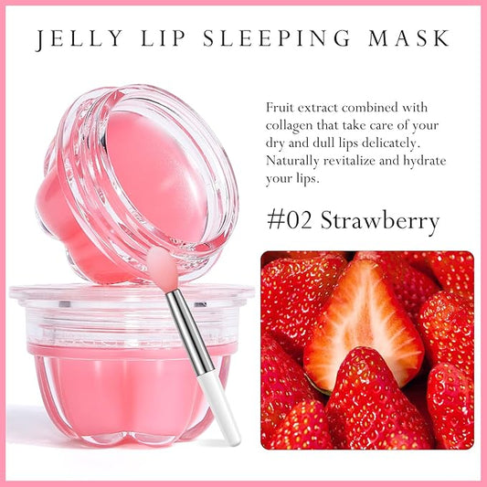 2Pc Jelly Lip Mask Overnight,Fruity Strawberry Lip Sleeping Mask Day Night Repair Kawaii Lip Balm Hydrate Plump Dry Lip Scrubs Exfoliator,Lip Care Lip Moisturizer with Collagen-Strawberry