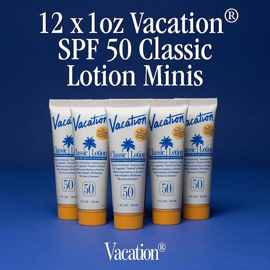 Vacation Mini Classic Lotion SPF 50, Water-Resistant, Mini Sunscreen Bulk Party Favor, Beach Must Haves, Traveling Essentials, Suntan Lotion Travel Size, 1 Fl. Oz. (Value Pack of 12)