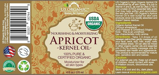 US Organic Apricot Kernel Oil, USDA Certified Organic,100% Pure & Natural, Cold Pressed Virgin, Unrefined in Amber Glass Bottle w/Glass Eyedropper for Easy Application (4 oz (Large))