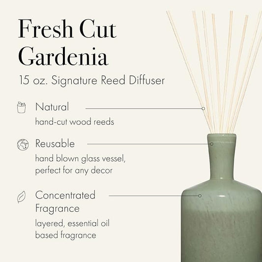 LAFCO New York Signature Reed Diffuser, Fresh Cut Gardenia - 15 oz - Up to 9 Months Fragrance Life - Reusable, Hand Blown Glass Vessel - Natural Wood Reeds - Made in The USA