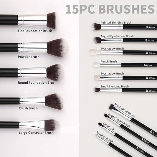 DUcare Makeup Brushes with Bag,15Pcs Makeup Brush Set Christmas Gift Travel Kabuki Foundation Blending Blush Eyeliner Shadow Brow Concealer Brushes Kit Black
