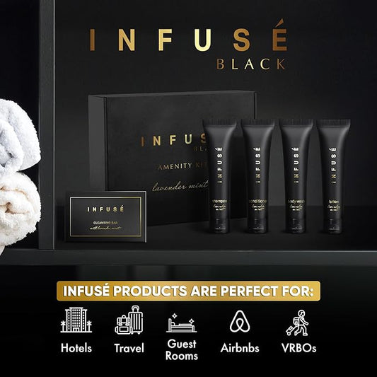 Infuse Black Amenity Kit | Boxed Hotel Toiletries | Bulk Set 1 oz Travel Size Shampoo, Conditioner, Lotion, Body Wash & Cleansing Bar for Guest Hospitality AirBnB/Vacation Rentals | 75 Pieces