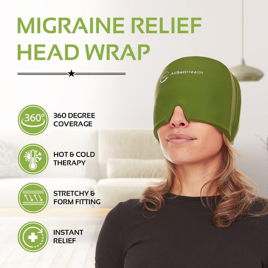 Migraine Relief Cap Ice Head Wrap Headache and Migraine Hat | Headache Relief with Hot/Cold Gel Head Ice Pack with Face and Eye Headache Mask Compress - Green