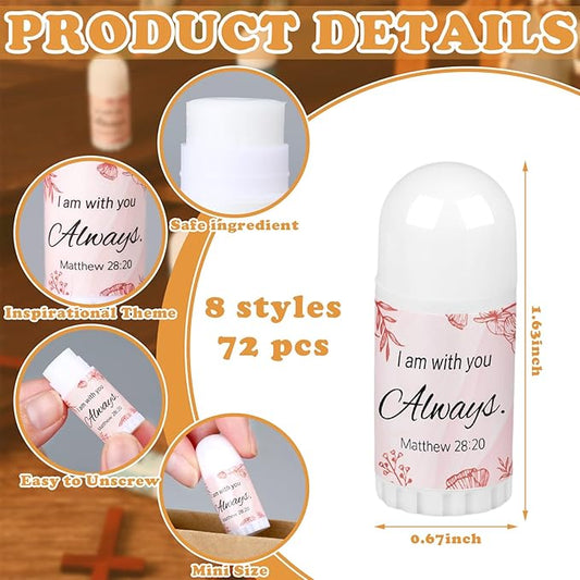 72 Pcs Mini Lip Balm Bulk Gift, 8 Flavors, Christian Themed, Moisturizing for All Skin Types