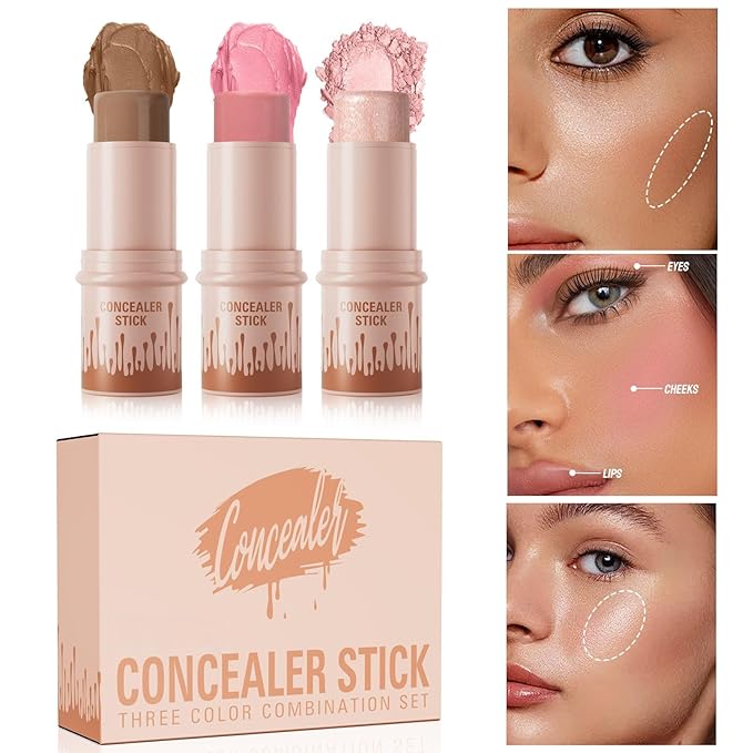 3Pcs Contour Stick Set,3 Colors Contour Stick Makeup Set, Long-Lasting Waterproof Concealer Stick Kit,Cream Blush & Highlighter Bronzer Pen (SET-B)