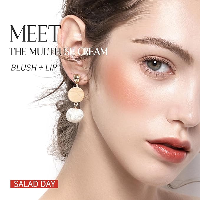 Blush Stick, Cream Blush for Cheeks and Lip Tint, Dewy Finish, Buildable & Blendable Color, Lightweight & Long-Lasting Formula | Salad Day-Coral & Angled Blush Brush(0.53fl.oz)