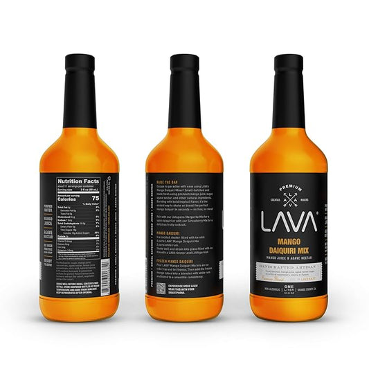 LAVA Premium Mango Daiquiri Mixer Made with Real Mango Juice, Cane Sugar, Agave Nectar. No Artificial Sweeteners, Flavors, or Colors. Gluten Free, Vegan, Non-GMO. 1-liter (33.8oz) Glass Bottle