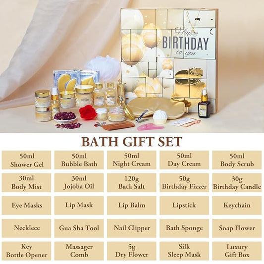 24Pcs Happy Birthday Gifts for Women Mom - Luxury Birthday Presents Spa Gift Set, Bath and Body Gift for Sister Girlfriend Wife Grandma with Necklace, Birthday Gift Set Idea for Women Female Friends