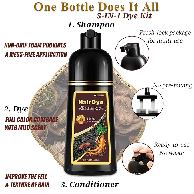 Burgundy Hair Dye Shampoo 3-IN-1,Gray Hair Coverage for Women & Men, Instant & Long-lasting Hair Color in Minutes, Pure Plant Extract Color Shampoo Hair Dye Kit for All Hair Types(Wine Red)