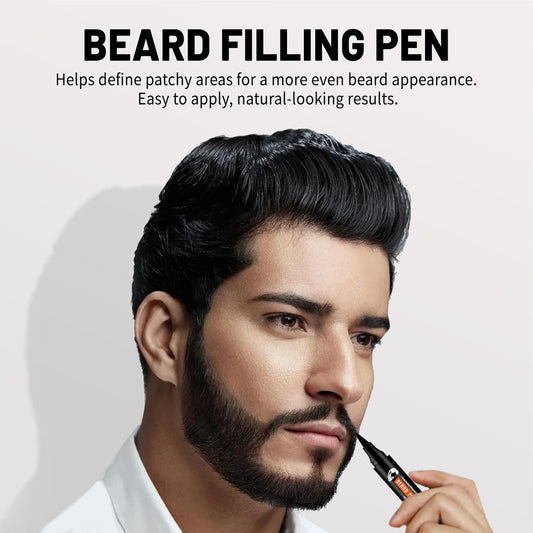 Beard Pencil Filler for Man Dual Ended Micro-Fork Tip Beard Filler - Beard Pen & Brush Long Lasting Coverage Natural Finish - Male Mustache Repair Shape Hairline Powder Root Touch Up Hair Color(Black)