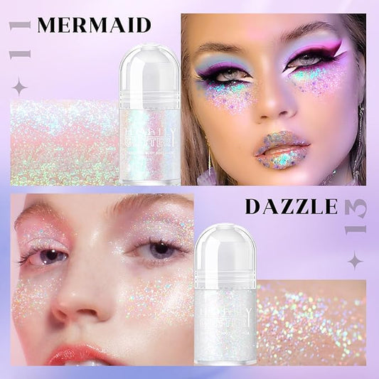 2 Colors Roll-on Body Glitter Gel, Holographic Glitter Gel Under Light for Face Hair, Body Shimmer for Rave Accessories Christmas New Year Halloween Makeup (11+13)