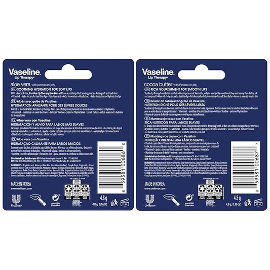 Vaseline Lip Therapy Variety 4-Pack – Cocoa Butter + Aloe Vera Moisturizing Lip Balm with Vitamin E, 0.16 Oz Ea