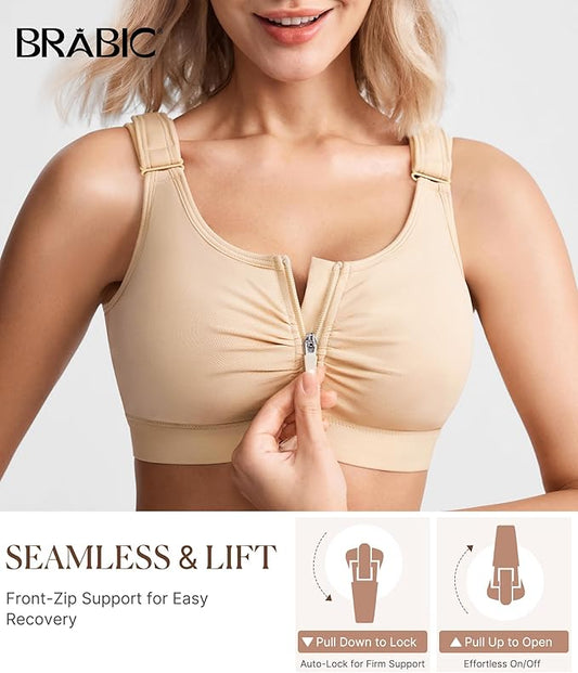 BRABIC Zip Front Closure Everyday Bra for Women Post Surgery Compression Support with Adjustable Straps Wirefree