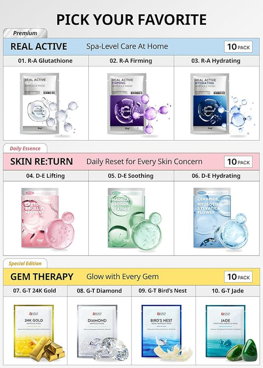 SNP Skin Return Lifting Essence Sheet Mask | Hydrating and Firming for All Skin Types | Vegan Sheet Masks | Peptide and Lactobacillus | Korean Face Masks Skincare | Facial Mask | 10 Sheets