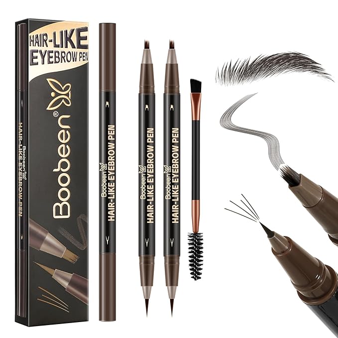 Boobeen 2pcs Waterproof Eyebrow Pen,Dual-Ended Eyeliner Microblading Eyebrow Pencil for Women,Long Lasting Hair-Like Brow Pen with Brow Brush,Dark Brown