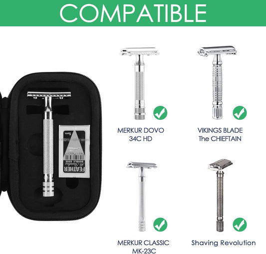 Linkidea Hard Travel Case Compatible with Vikings, Merkur, Shaving Revolution Double Edge Safety Razor, Storage Box Organizer for Safety Razor & Shaving Attachments (Lychee Vegan Leather)