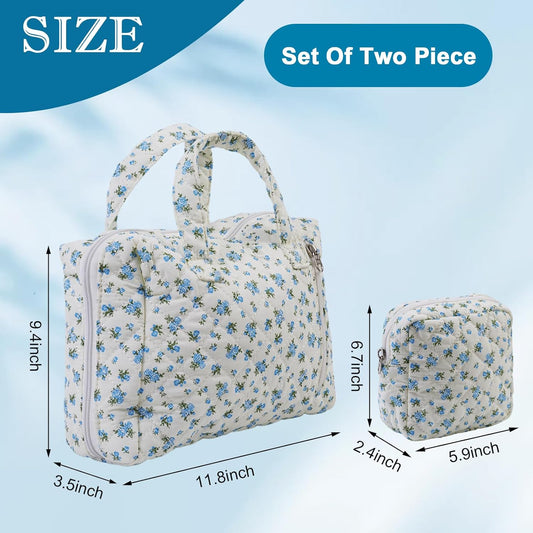 Cute Quilted Floral Makeup Bag(2Pcs),Coquette Aesthetic Cosmetic Bag,Travel Toiletry Bags, Kawaii Aesthetic pouch for Women (13-Blue)