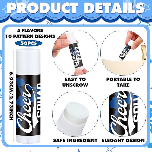 50 Sets Cheer Gifts Bulk 50 Cheer Lip Balm Bulk Moisturizing with 50 Organza Drawstring Gift Bags 50 Tags Cheerleader Gifts Cheer Gifts Bulk for Team (Blue)