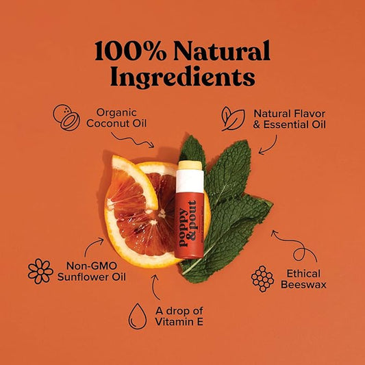 Poppy & Pout Blood Orange Mint Jumbo Lip Balm | All Natural Lip Balms & Moisturizers | Hydrates with Beeswax, Vitamin E, Organic Coconut Oil | Cruelty-Free | Lip Balm in Recyclable Cardboard Tube