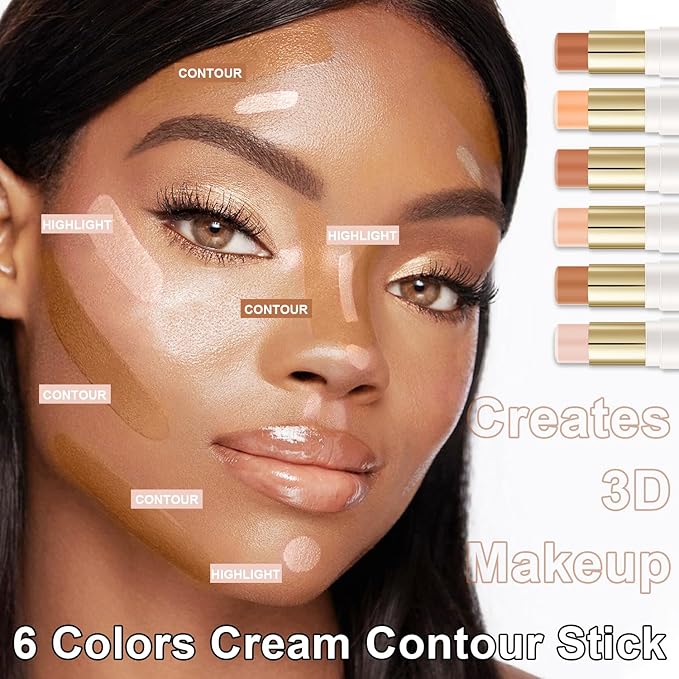 6 Colors Cream Contour Stick Makeup Contour Kit,Double-ended Cream Bronzer for Sculpt, Highlighter and Blush Stick Makeup Kit, Matte & Dewy Finish (SET C)