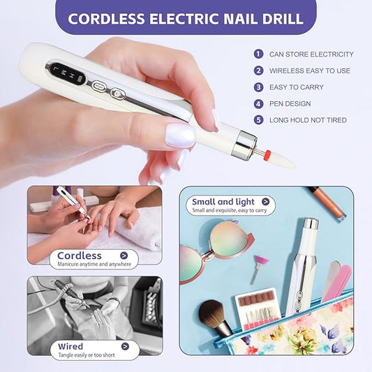 Electric Nail Drill File Cordless,Portable Rechargeable Nail File Kit for Acrylic & Gel Nails,Professional Efile for Manicure Pedicure Polishing,with 12 Nail Drill Bits 31 Sanding Bands,White