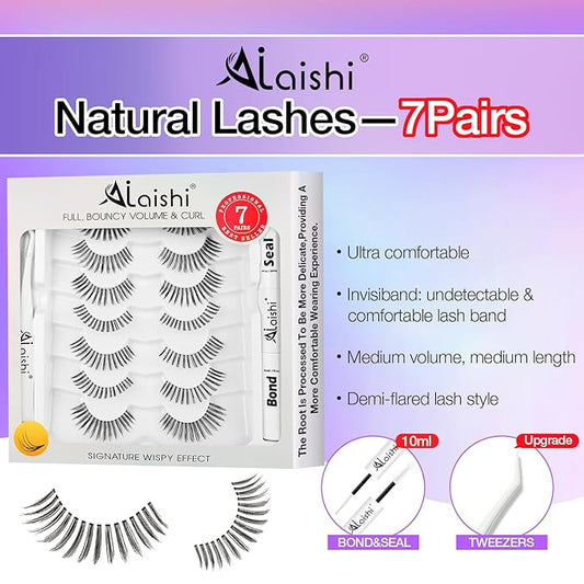 Wispy False Eyelashes Kit With Bond, Seal and Tweezer, 7 Pairs Natural Look Fake Cat Eye Lashes Strips Thin Band Extensions Waterproof Easy Eyelashes for Beginners DF99#