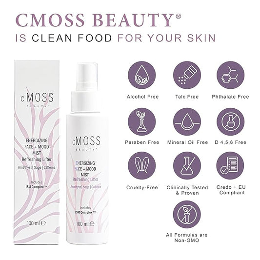 Sea Moss Infused Face and Mood Lifting Mist with Real Amethyst, Caffeine, Sage, and Hyaluronic Acid to Tighten, Brighten Skin and Calm Emotions