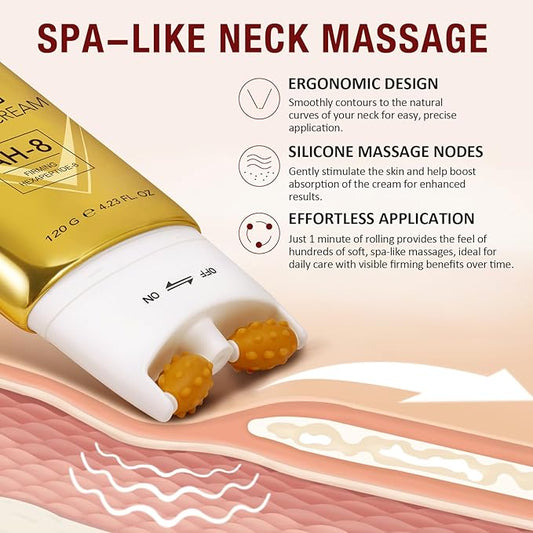 AH-8 Firming Neck Cream with Roller - Anti-Aging Moisturizer for Neck & Chest - Lifts, Tightens, Deeply Hydrates, Reduces Fine Lines & Wrinkles - For Crepey, Sagging Skin - 4.23 fl.oz