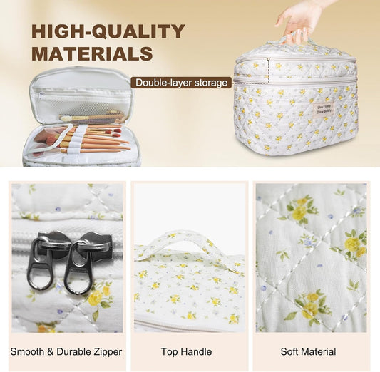 3Pcs Large Travel Quilted Makeup Bag, Double Layer Cute Floral Cotton Toiletry Bag, Aesthetic Flower Cosmetic Bag Coquette Skincare Organizer Bag for Women (76-YellowFloral)