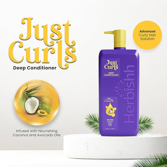 Herbishh Just Curls Deep Conditioner for Curly, Wavy Hair, 500ml, Avocado & Coconut Oil, Vegan, Curlfaction & Dry Damaged, Detangler