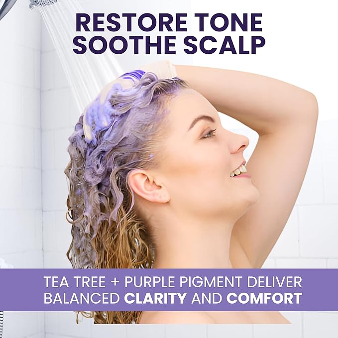 Tea Tree Purple Shampoo for Blonde, Bleached, Silver & Grey Hair, Anti-Brass Toner, Boosts Highlights & Color, Revitalizes, Relieves Itchy Scalp & Salon-Grade Hair Toner Shampoo.