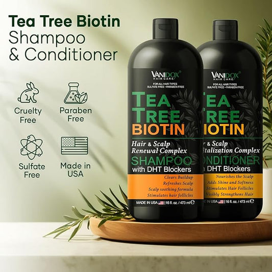 Tea Tree Oil Shampoo and Conditioner Set with Biotin, DHT Blockers, Itchy Scalp Relief, Supports Thicker-Looking Hair, Cleanses Dandruff & Buildup, For Men & Women, Made in USA, 16 fl oz Each