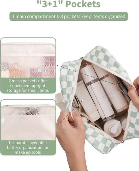 Narwey Large Checkered Travel Toiletry Bag Women Toiletries Bag Skincare Bag Makeup Bag with Handle Make up bag Organizer Cosmetic Bag Medicine Bag for Girls (Mint Green Checkerboard, Large)
