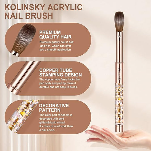 Acrylic Nail Brush Size 14,KEMEISI 100% Pure Kolinsky Nail Art Brushes Sturdy Handle Oval Shaped Acrylic Powder Nail Design Tools for Professional Manicure DIY Home Salon (Gold)