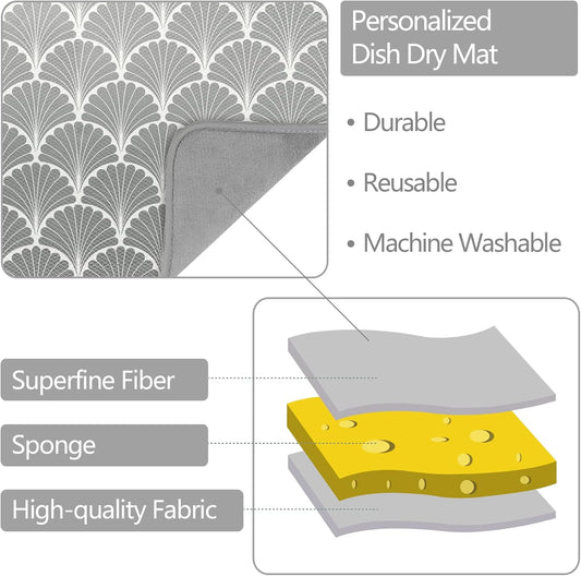 SHIYUE Dish Drying Mat for Kitchen Counter Super Absorbent Spring Kitchen Decor Microfiber Drying Matainers Rack Fast Pad Dish Drainer Mats(Grey Shell Geometric,16''x18'')