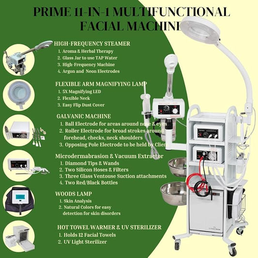 Prime 13 in 1 Facial Machine: High Frequency Aromatherapy Steamer, Galvanic, Brush Massager, Vacuum Extractor, Diffuser and Hot Towel Warmer